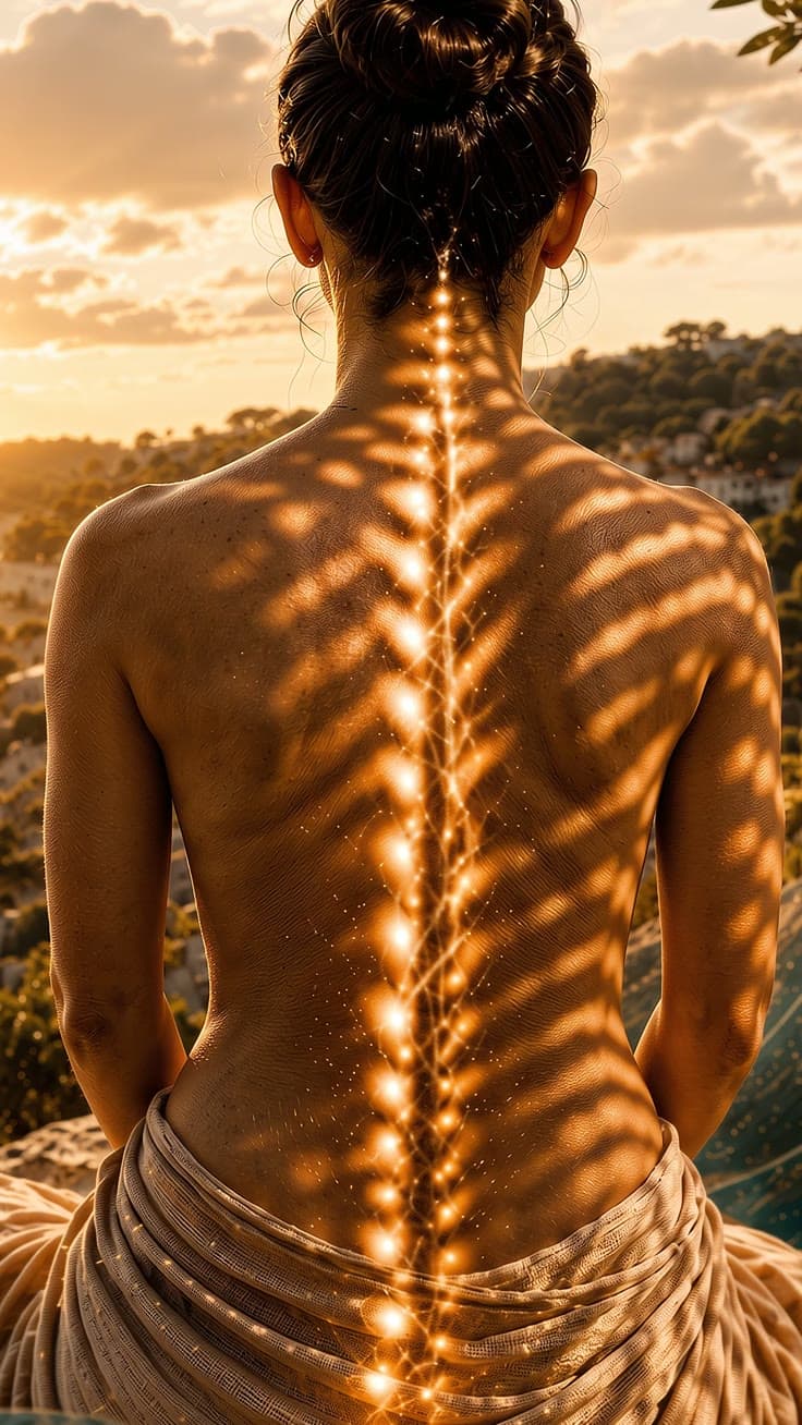 Mujer sentada frente al mar al atardecer en una cala mediterránea, con la luz del sol dibujando su columna vertebral.